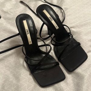 Zara black square toe strap heels